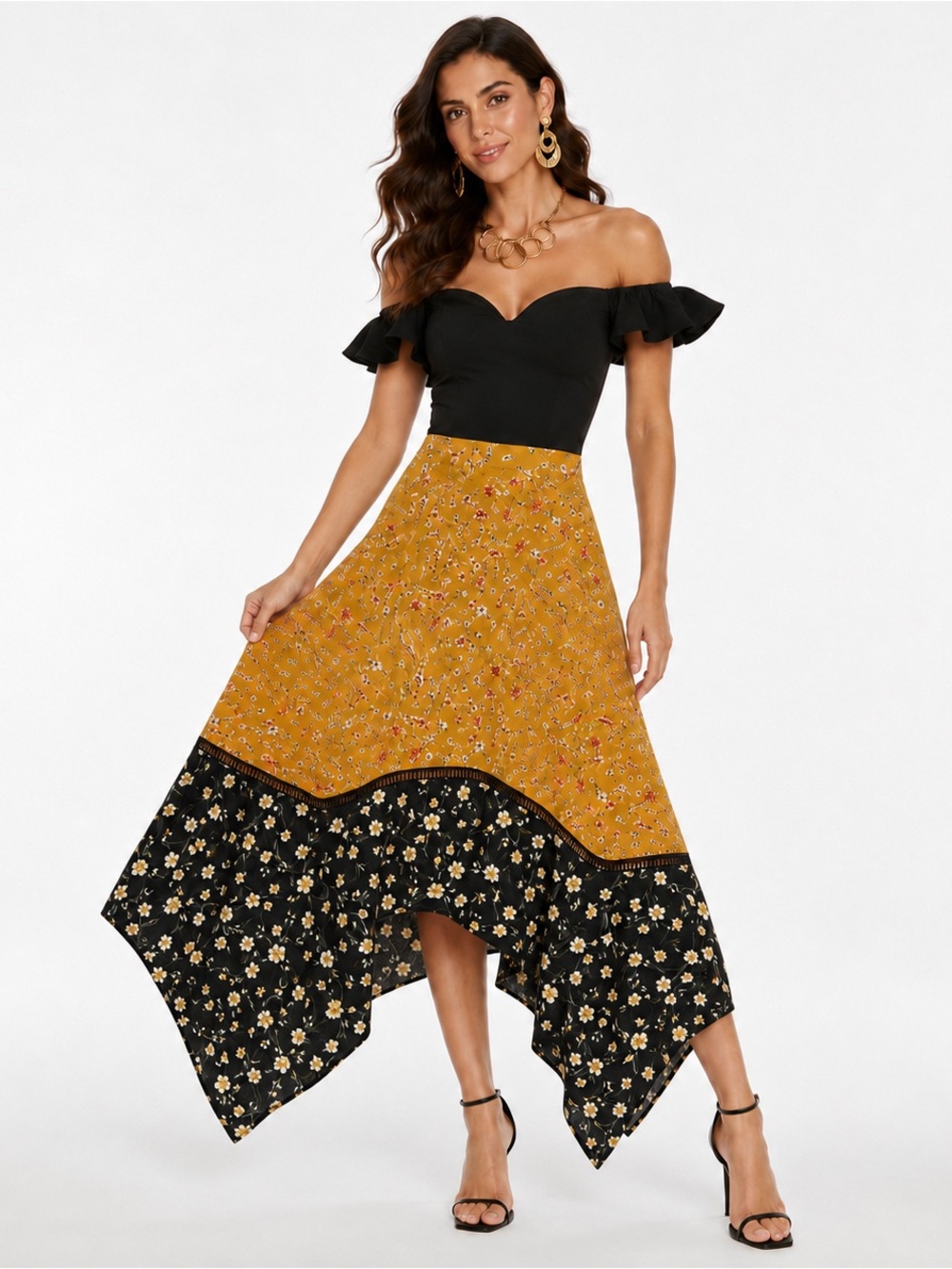Isla Maude Delia Colorblock Handkerchief Skirt Womens SZ S Ditsy Floral Prairie